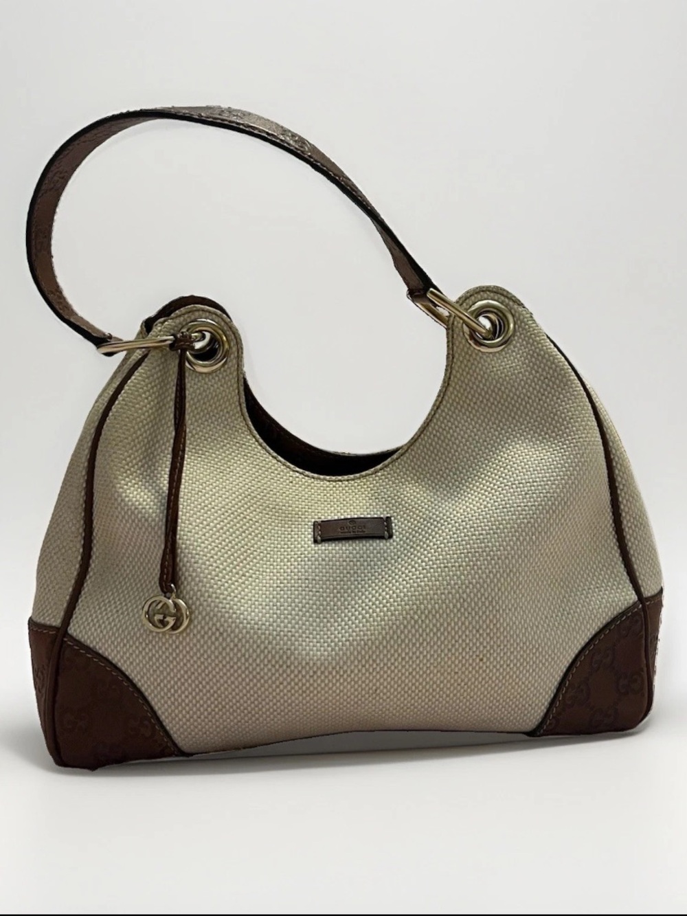 Gucci Cream and Brown Shoulder Hobo with Gold Hardware